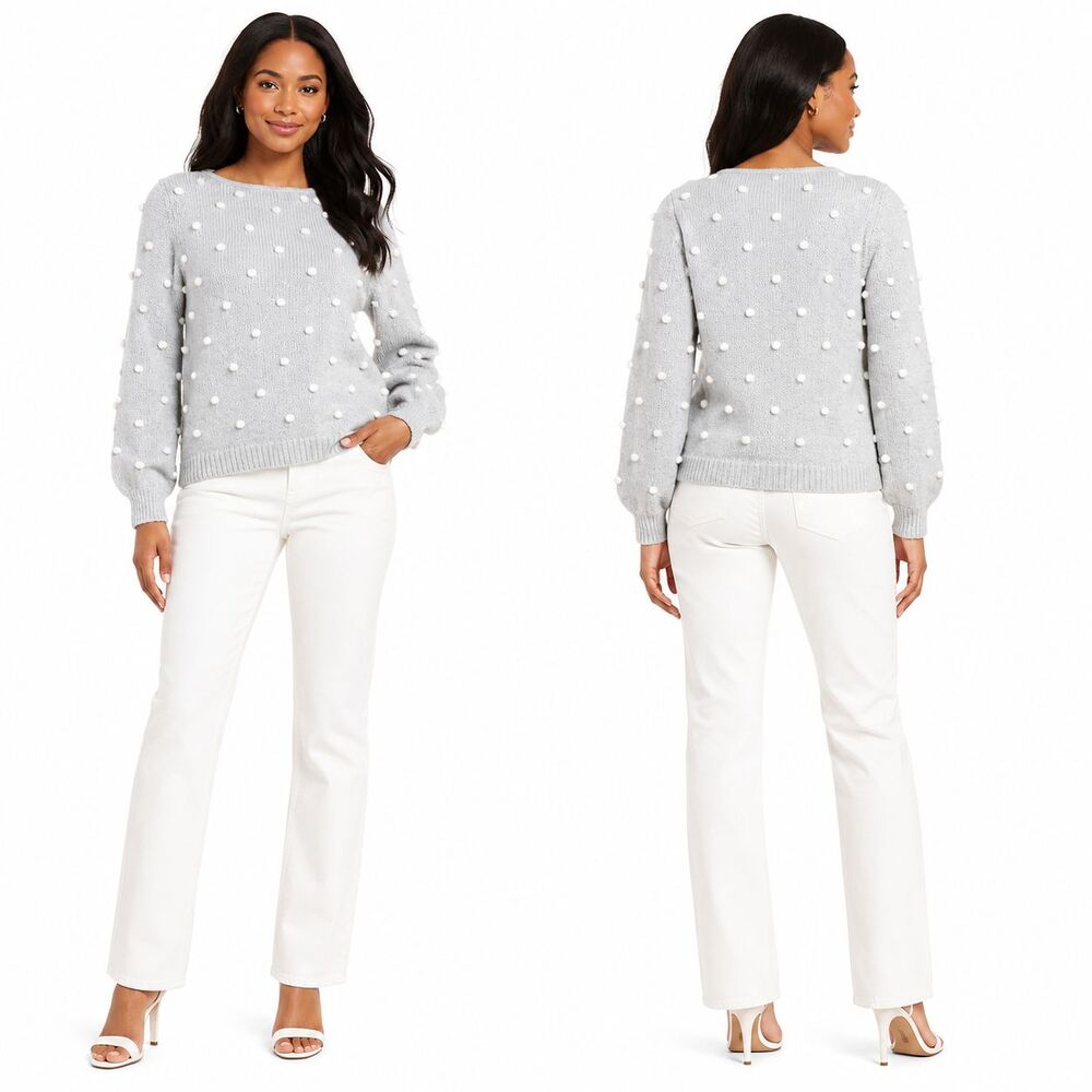 Lilly Pulitzer Vienne Sweater Heathered Lunar Grey Playful Poms Pom Knit Med NEW